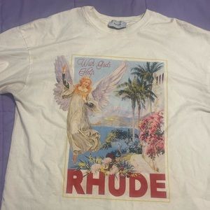 rhude t shirt, tan and red. medium unisex